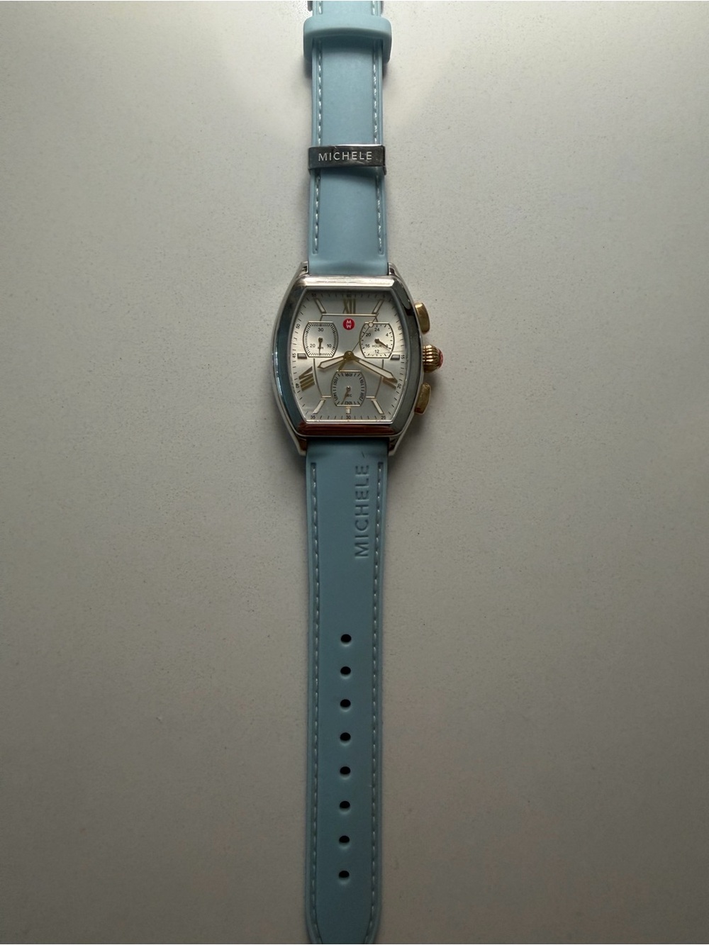Michele Light Blue Leather Strap Chronograph Watch with Silver Case